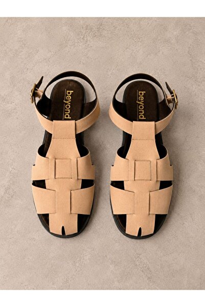 Beyond Women's Beige Strappy Buckle Cage Model Suede Sandals 1.5cm Byndsk107
