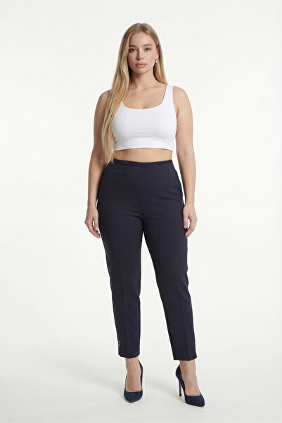 EXİTLİNE Women's Navy Blue High Waist Knitted Trousers with Stone Detail and ...