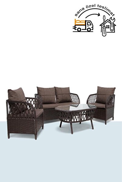 Niron Lady Kahverengi Metal Rattan Bahçe Balkon Oturma Grubu 2+1+1 Sehpalı Ça...