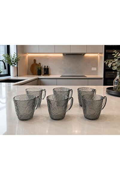 LEYA HOME Gray Color 6-Piece Mug Set with Handles and Steamy Pattern