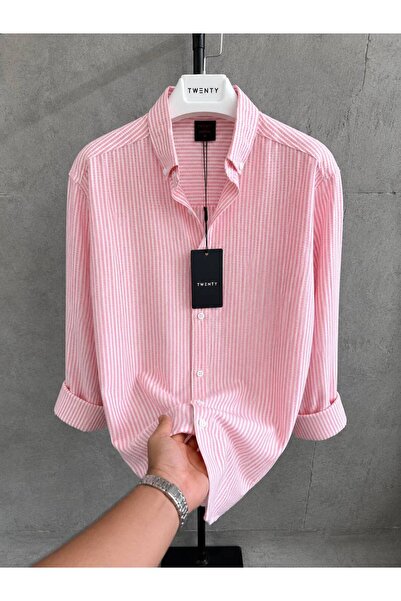 ONUR ERBİL MODA Erkek Pembe Beyaz Çizgili Regular Fit Uzun Kollu Gömlek – Rah...