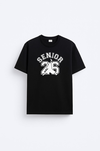 cesita Tricou negru din țesătură de bumbac imprimată pentru absolvirea senior...