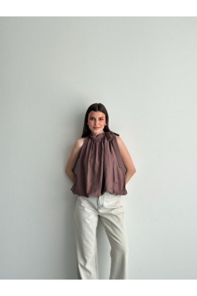 Lovely butik Women's Halter Neck Halter Tie Satin Textured Crinkle Blouse