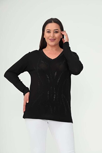 kısmet sepeti Women's Black Stone Patterned V-Neck Straight Sleeve Black Blouse