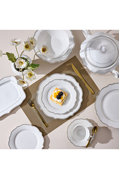 Malooki 41-piece Arabesque porcelain dinner set, white with silver trim, 12 p...