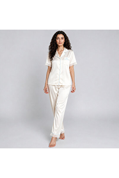 VELVIA Soft Satin Pajama Set Short Sleeves with Lace Trim