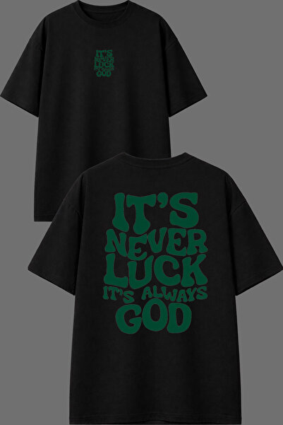 VSRN تي شيرت أسود كبير الحجم مطبوع من الأمام والخلف بتصميم Its Never Luck