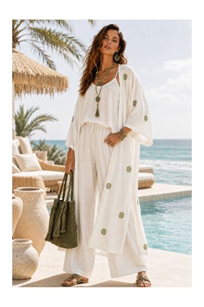 QYMOS PRIVE Ecru Ethnic Patterned Long Kimono – Linen, Belted, Summer Casual ...