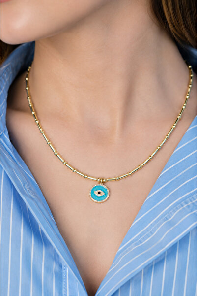 YENGEÇ Steel Gold Bead Blue Eye Necklace