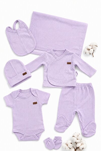 Pure Boutique Set bebe nou nascut mov lila 7 piese din bumbac cu body pantalo...