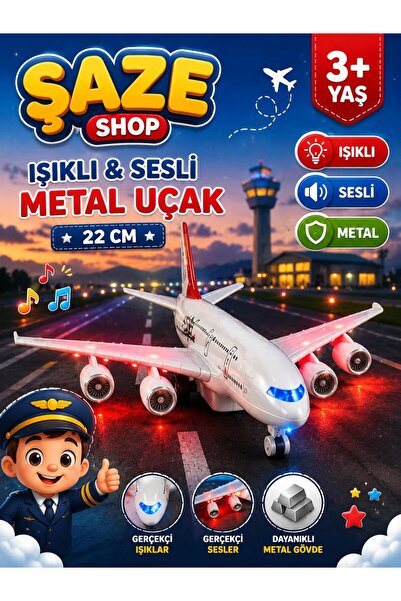 SAZE Işıklı Sesli Metal Oyuncak Uçak 22 CM Büyük Boy Gerçekçi Yolcu Uçağı 3+ Yaş