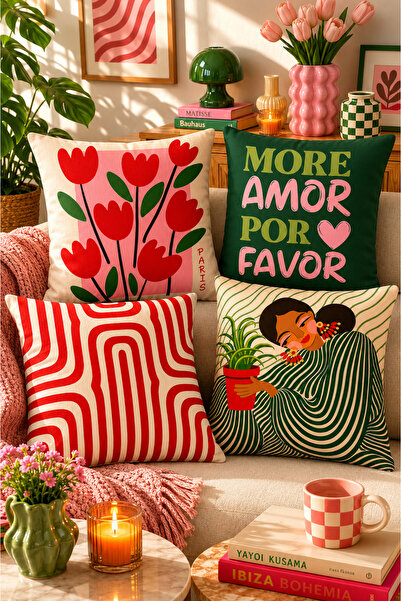 SasoHome Vintage Pop Art Kırlent Kılıfı Seti – Salon ve Oturma Odası Dekoru 4...
