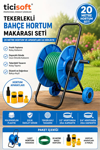 Ticisoft Tekerlekli Bahçe Hortum Makarası Seti 20 Metre Hortumlu Hortum Topla...