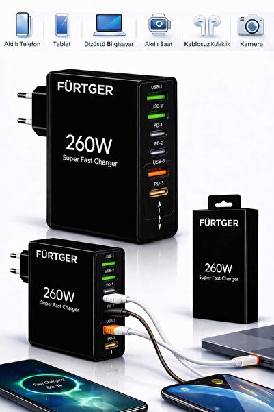 Fürtger German 260W 3 Type-C + 3 Usb-A Toplam 6 Çıkışlı Süper Hızlı Şarj Aleti