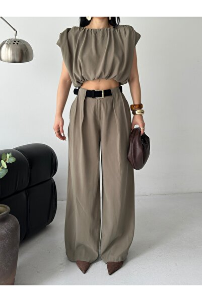 Ekim Store Piliseli Crop Blouse Pants Modal Set