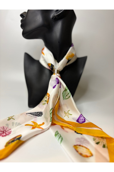 BHR AKSESUAR Sea Shell Starfish Patterned Double-Sided Scarf with Gold Ring D...