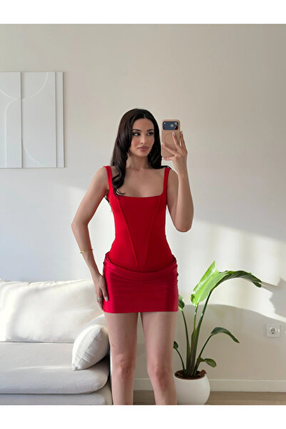 Zoom Butik Eteği Drape Bodysuit Elbise - KIRMIZI