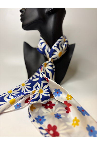 BHR AKSESUAR Daisy Patterned Double-Sided Scarf with Gold Ring Detail (70X70 cm)