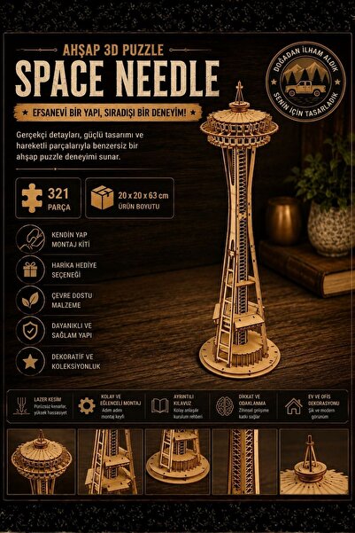 ALGWOOD Space Needle Kulesi Minyatür Ahşap Maket | 3D Puzzle DIY Kendin Yap |...