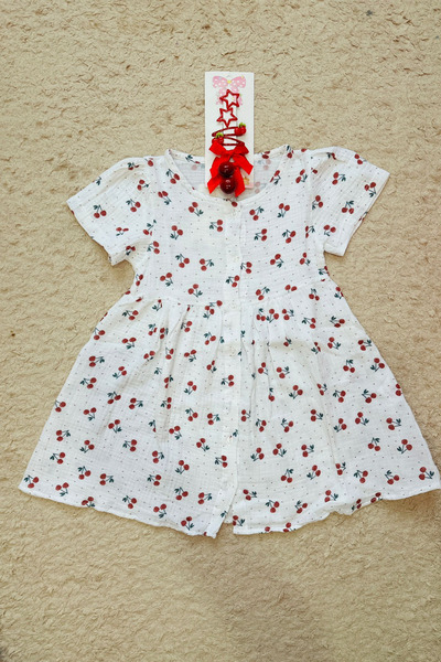 Neva Baby Boutique Kız Bebek Çocuk Kiraz Desenli Müslin Elbise Tokalı Kombin Set
