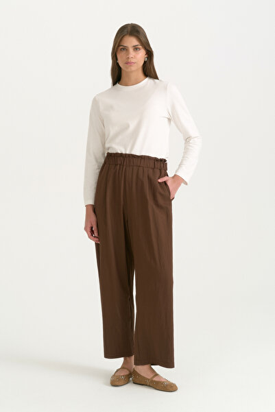 Nihan Elastic Waist Button Detailed Rayon Trousers - Brown