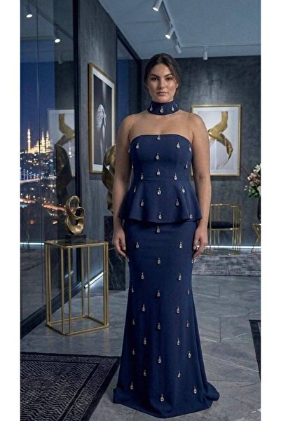 NOVERA DRESS Novera Lacivert Büyük Beden Straplez Yaka Taş İşlemeli Peplum Ab...