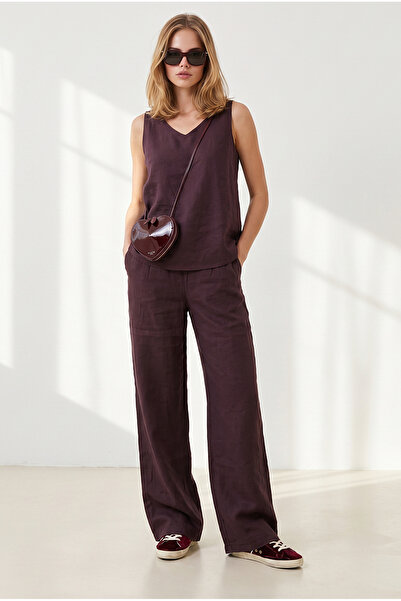 Olalook Women's Plum Top V-Neck Bell Blouse Bottom Pocketed Trousers Soft Tex...
