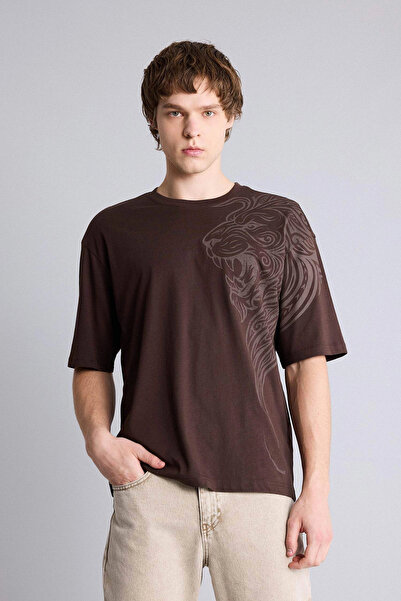 DeFacto G5579Axbn192 Brown 100% Cotton Boxy Fit Printed Brown T-Shirt