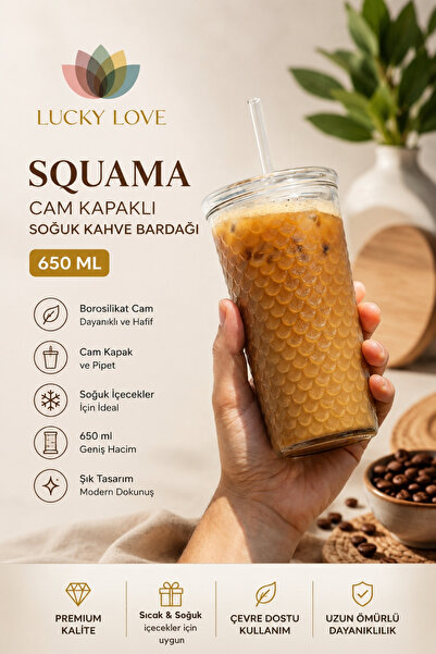 Lucky Love Squama Cam Kapaklı Borosilikat Soğuk Kahve Bardağı – 650 ml