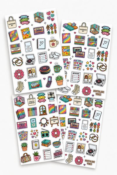 BieneGift Retro sticker set 4 sheets - nostalgic aesthetic agenda, notebook, journal decorative sticker, colorful nostalgic sticker set 4 sheets - retro y2k journal, planner, notebook and laptop stickers