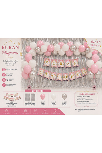 Dizayn Parti Evi Kuran Okuyorum Dekor Seti Mavi Pembe Tema Seçenekli Gümüş Fo...