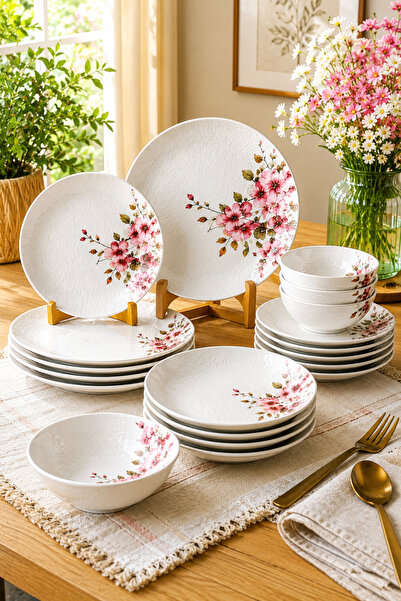 Karçiçeği Home Asya Sakura 24 Parça Porselen Yemek Takımı – 6 Kişilik Zarif Ç...