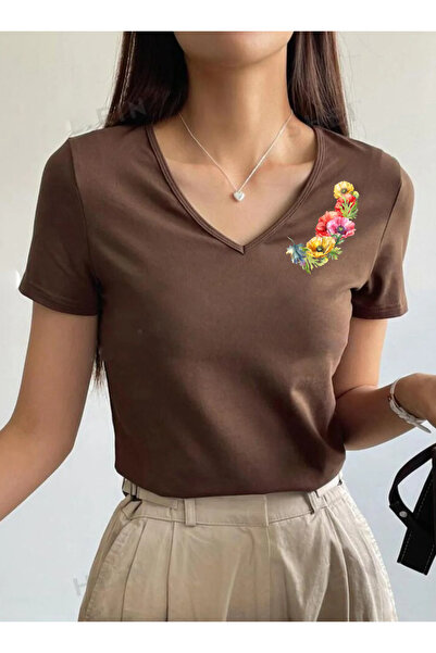 SUNFREE Flower Printed V-Neck Regular Short Sleeve Basic Women's Tshirt