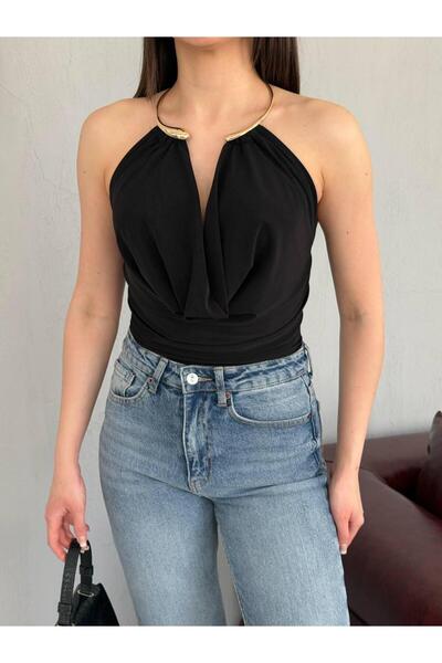NEW JOURNAL Women's Black Collared Bodysuit with Accessories Elt302