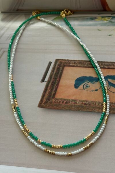 Trendy Butik Water Green and White Beaded Double Necklace