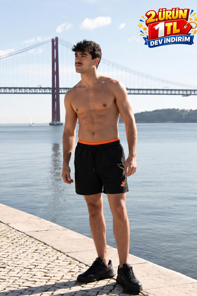 DAMGA JEANS Erkek Relax Fit Bağcıklı Fermuarlı Cepli T.Siyah Deniz Şortu