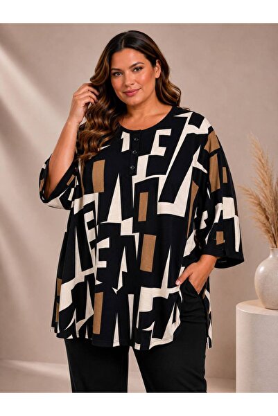 garajmood Black Patterned Standard Size 50,52,54,56,58 Plus Size Blouse