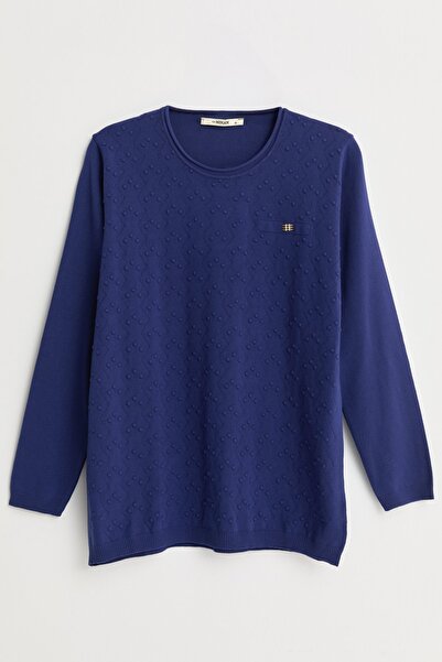 Nihan Plus Size Viscose Sweater with Accessory Detail - Navy Blue