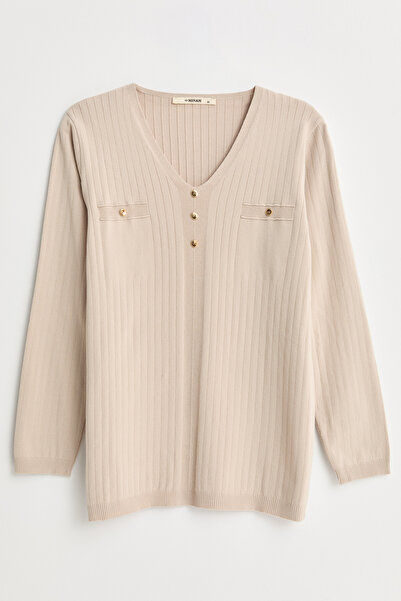 Nihan Plus Size V-Neck Viscose Sweater - Stone