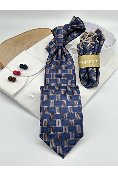 Gutiero Navy Blue Patterned Classic Tie with Handkerchief