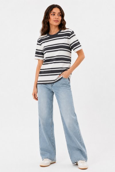 Asfaha Fashion Tricou de damă, antracit, cu dungi, cu gât crew, cu mânecă scu...