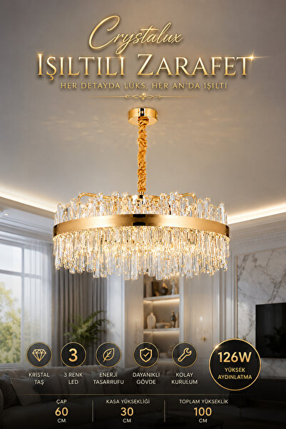 Elvora Home Modern (PREMIUM) Kristal Taşlı Gold LED Avize 3 Renk Sarkıt Lüks ...