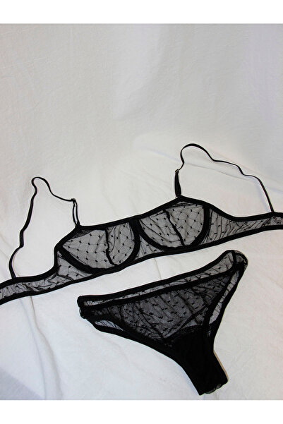 Generic Black Polka Dot Mesh Lingerie Set, Sheer See-Through Bra & Panty Set,...