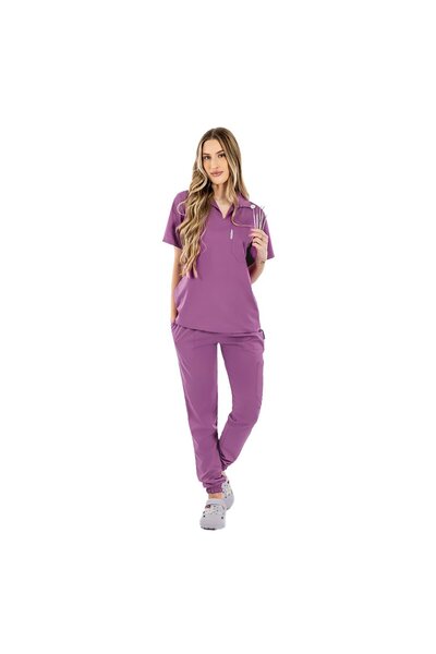 RUNI Magenta stretch polo medical suit, with V-neck blouse and jogger pants, ...