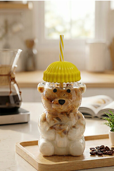 MAKRİ HOME Teddy Bear Design Glass Flask with Straw and Protective Cap 600 ml...