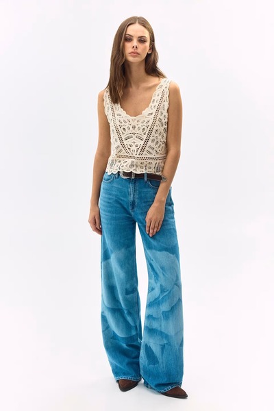 Guess Indigo Baskılı Geniş Paça Kadın Jean Pantolon W6GA1AD0696