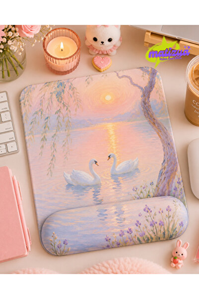 matizya Kuğulu Gün Batımı Desenli Kare Bilek Destekli Mousepad 19x23 cm Ergon...