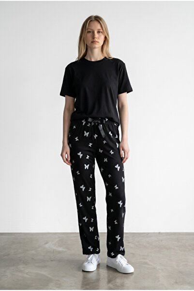 Erse Pantaloni de pijama negri cu model fluture și textură moale