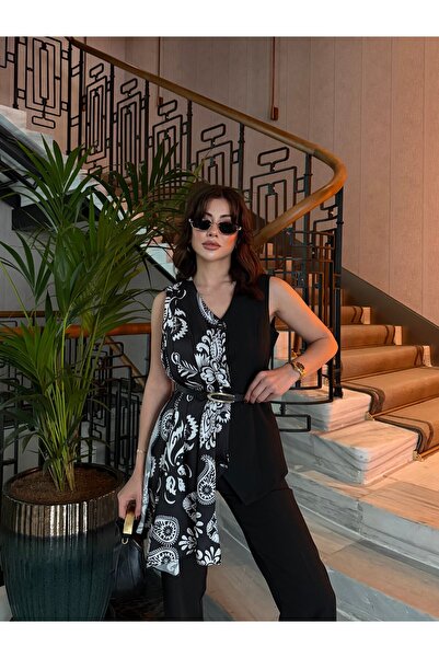 LOVELF Fular Detay Kemerli Yelek Takım Siyah