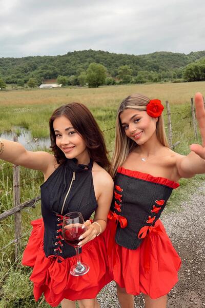 mylove طقم تنورة وكورسيه باللون الأحمر